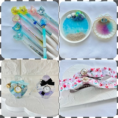 お昼寝にゃんこのヘアゴム ハンドメイド レジン カラフル 押し花